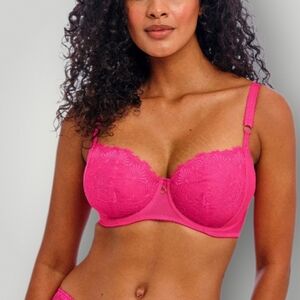 Freya Fascinate Uplift Balconette Bra 38D Hot Pink Fuchsia Floral Eyelash Lace